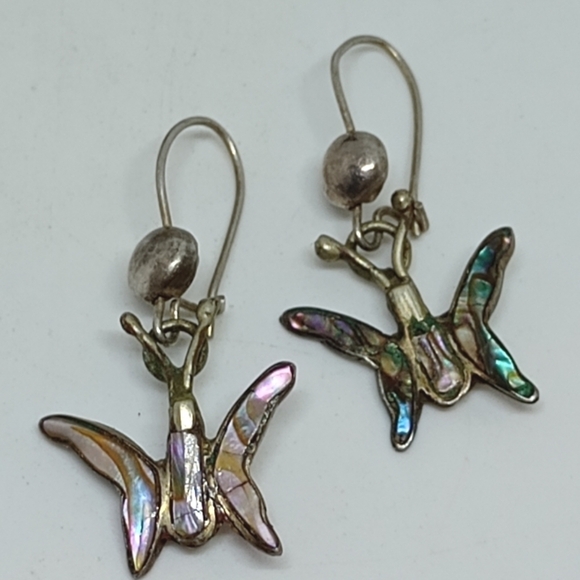 * vintage antique Mexico 925 abalone inlay butterfly earrings - Picture 1 of 6